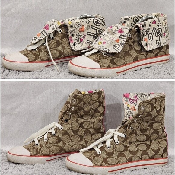 Coach Womens Y2K Bonney Sneakers High Top Poppy Logo Cap Toe Brown Retro 7.5B - Picture 1 of 16